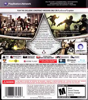 Assassin's Creed - Brotherhood (USA) (En,Fr,Es,It) (v1.05) (Disc) (Update) box cover back